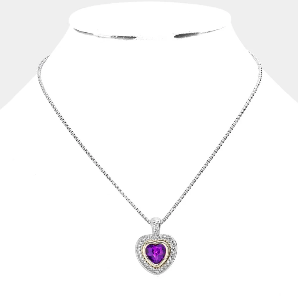 Silver & Amethyst Purple Stone Heart Pendant Necklace Jewelry Chain